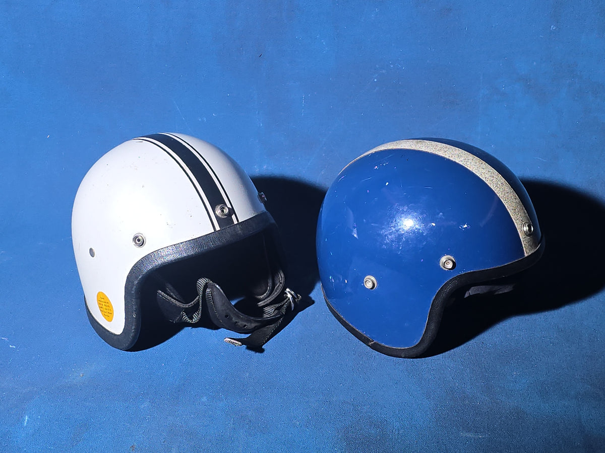 Pair of Vintage Open-Face Motorcycle Helmets, White with Black Stripe and Blue with Silver Stripe, Small
