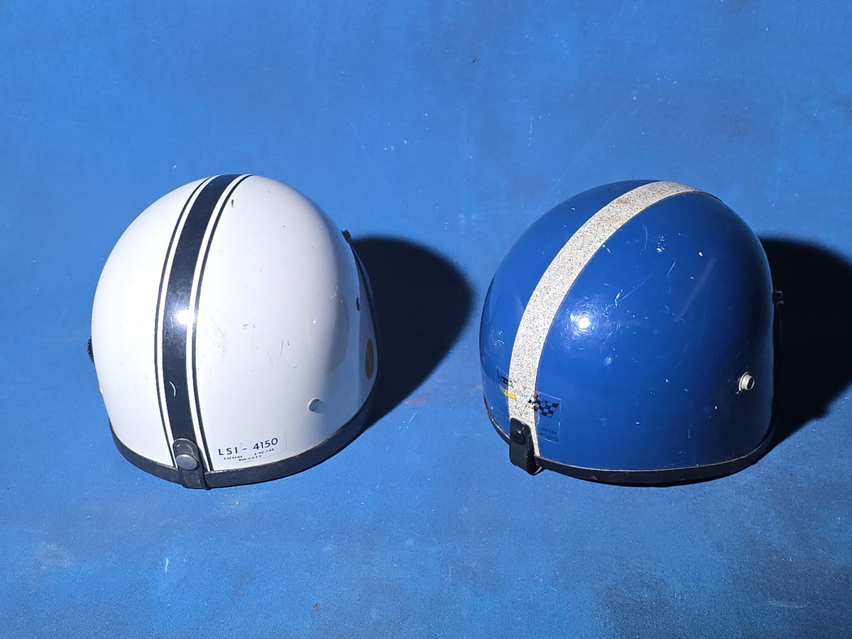 Pair of Vintage Open-Face Motorcycle Helmets, White with Black Stripe and Blue with Silver Stripe, Small