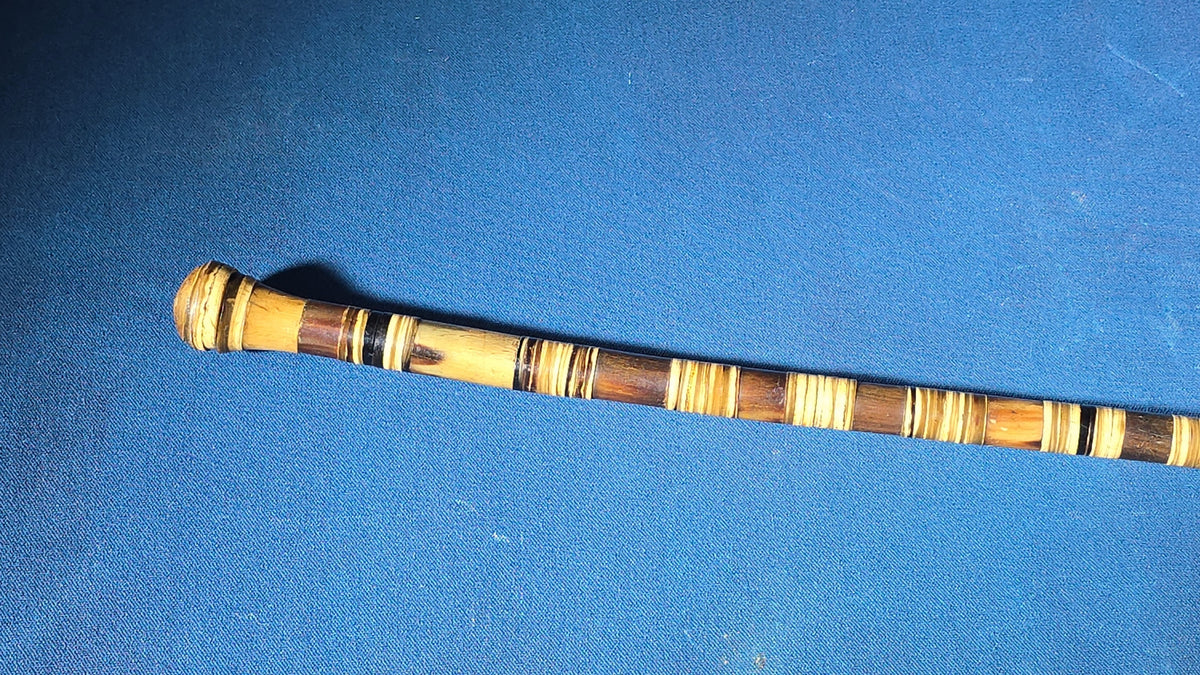 Antique Banded Horn Walking Cane with Round Knob Handle and Metal Tip