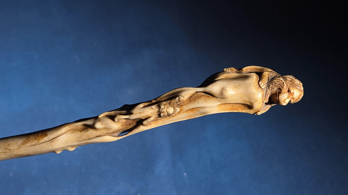 Antique Carved Ivory-Handled Parasol with Lion Figural Carving, Missing Fabric