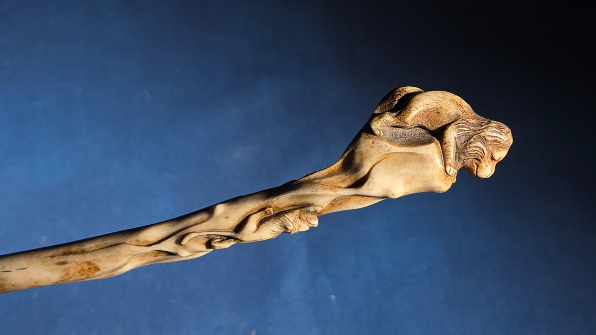 Antique Carved Ivory-Handled Parasol with Lion Figural Carving, Missing Fabric