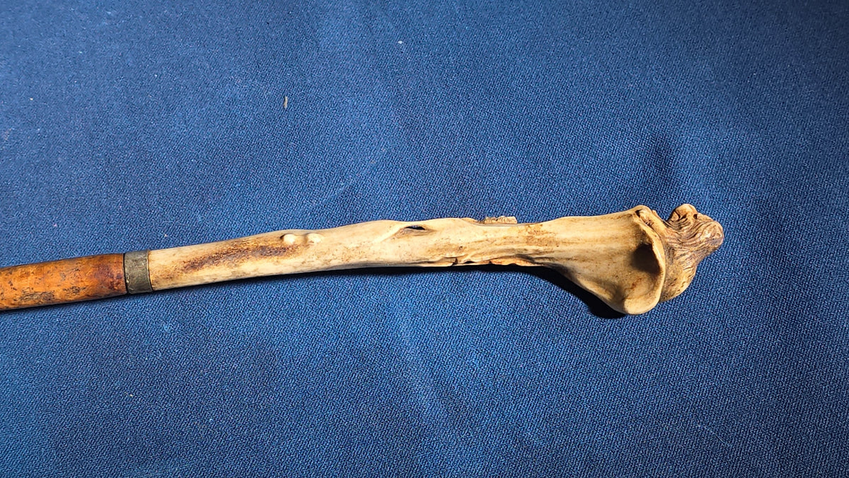 Antique Carved Ivory-Handled Parasol with Lion Figural Carving, Missing Fabric