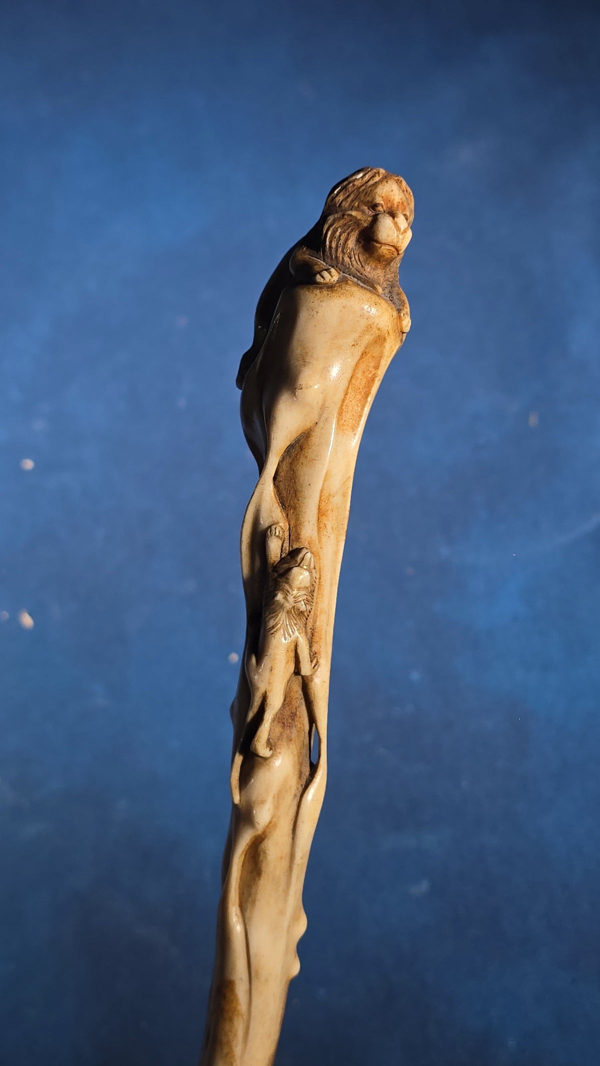 Antique Carved Ivory-Handled Parasol with Lion Figural Carving, Missing Fabric