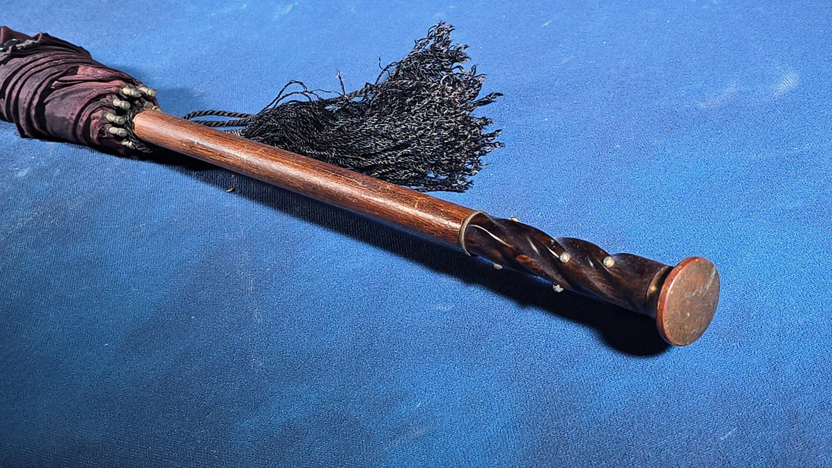 Antique Parasol with Carved Twisted Wood Handle and Black Tassel