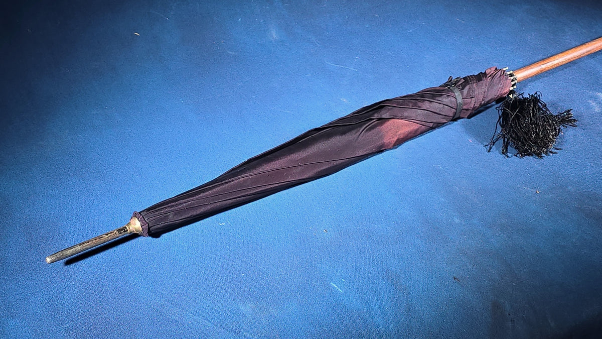 Antique Parasol with Carved Twisted Wood Handle and Black Tassel