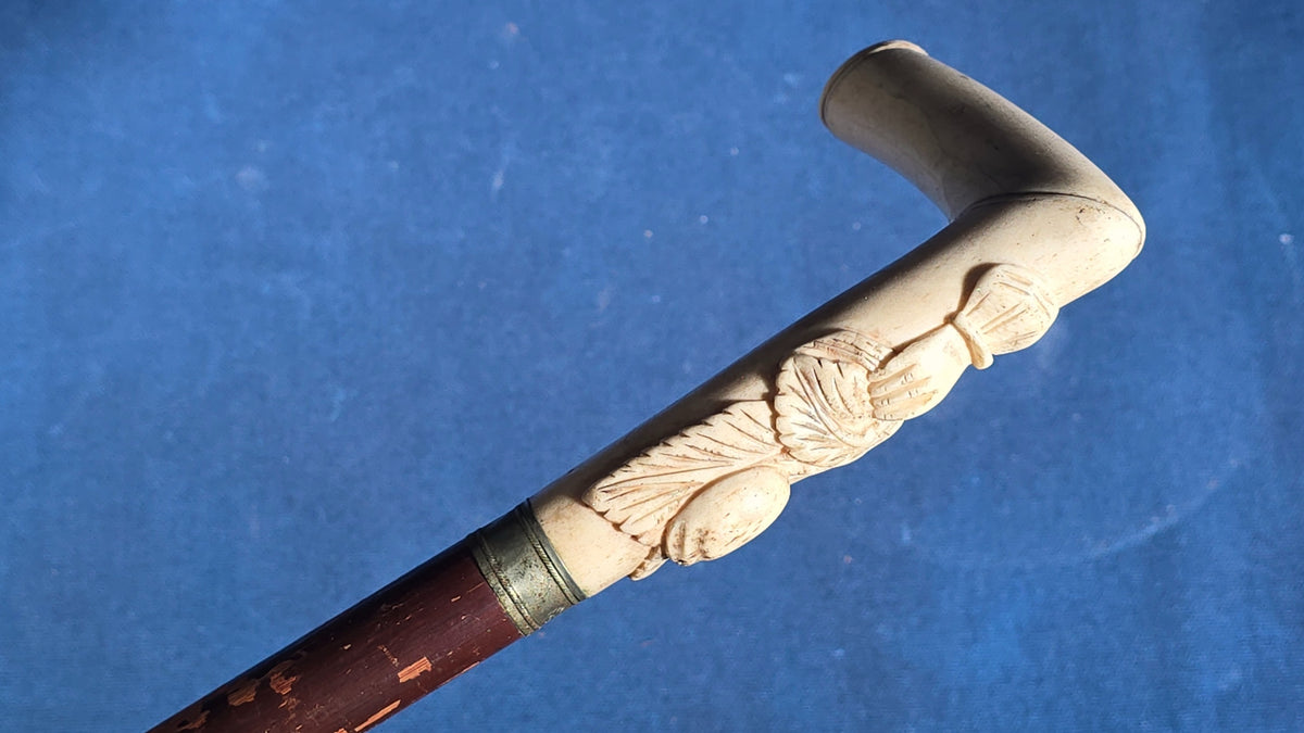 Antique Walking Cane with Carved Ivory Handle and Metal Collar