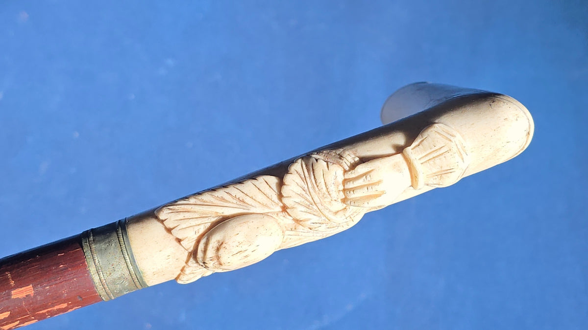 Antique Walking Cane with Carved Ivory Handle and Metal Collar