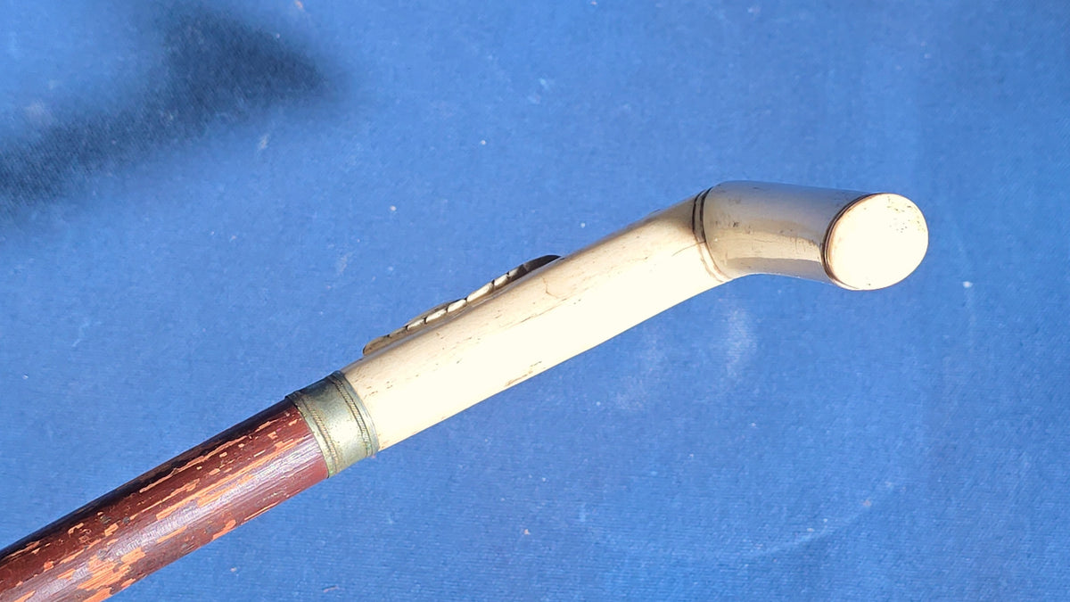 Antique Walking Cane with Carved Ivory Handle and Metal Collar