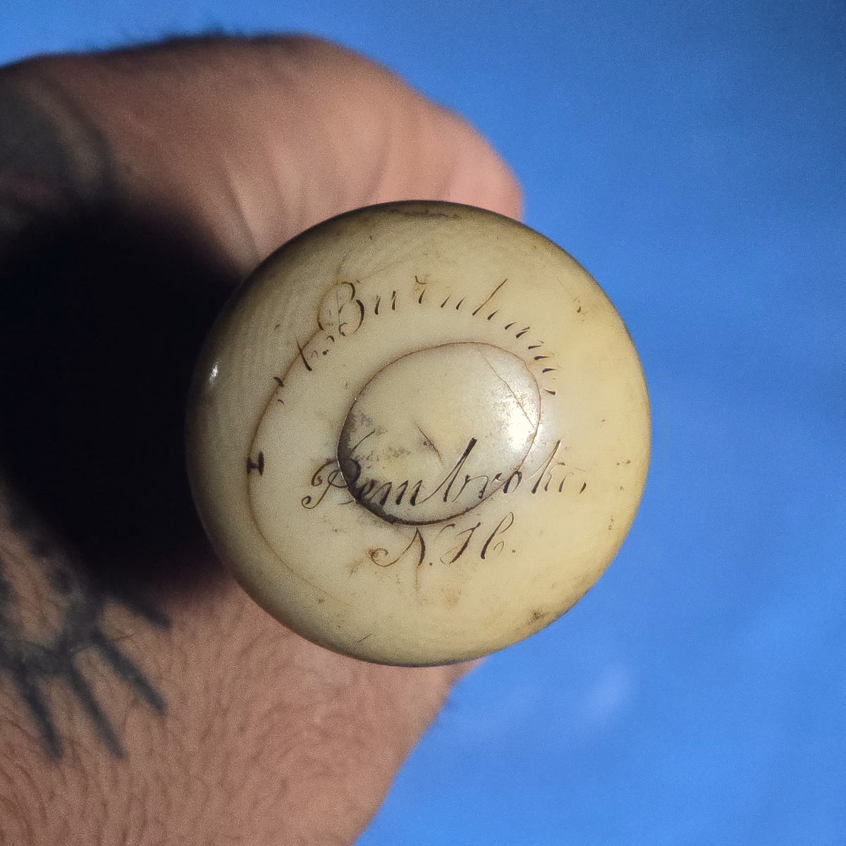 Antique Ivory-Topped Walking Cane Inscribed "A. Burnham, Pembroke, N.H."