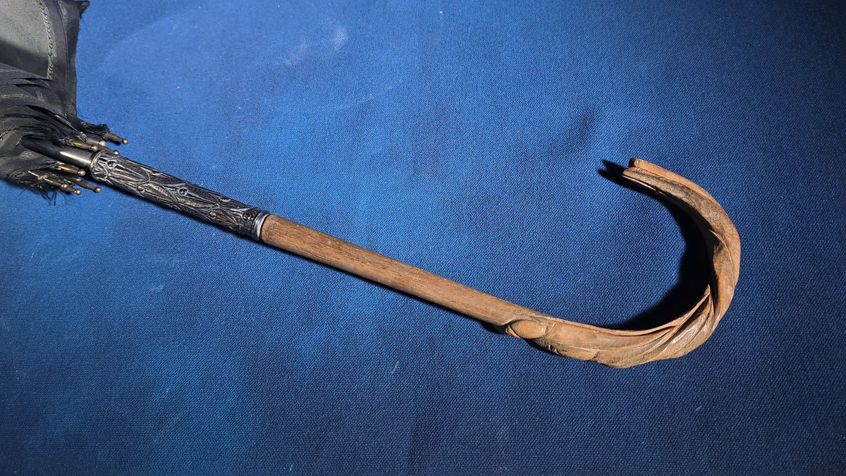 Antique Umbrella with 800 Silver Collar and Carved Wood Crook Handle