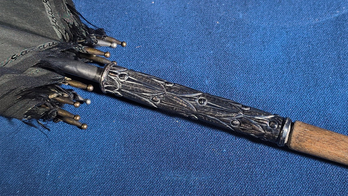 Antique Umbrella with 800 Silver Collar and Carved Wood Crook Handle