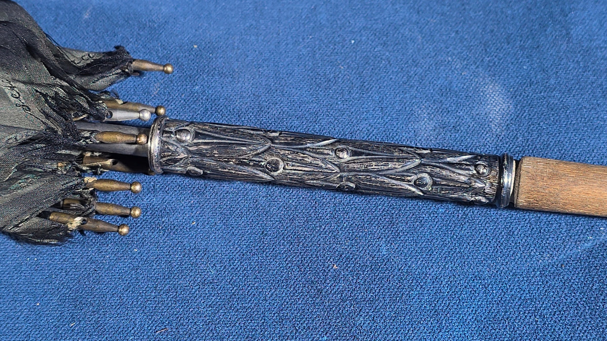 Antique Umbrella with 800 Silver Collar and Carved Wood Crook Handle