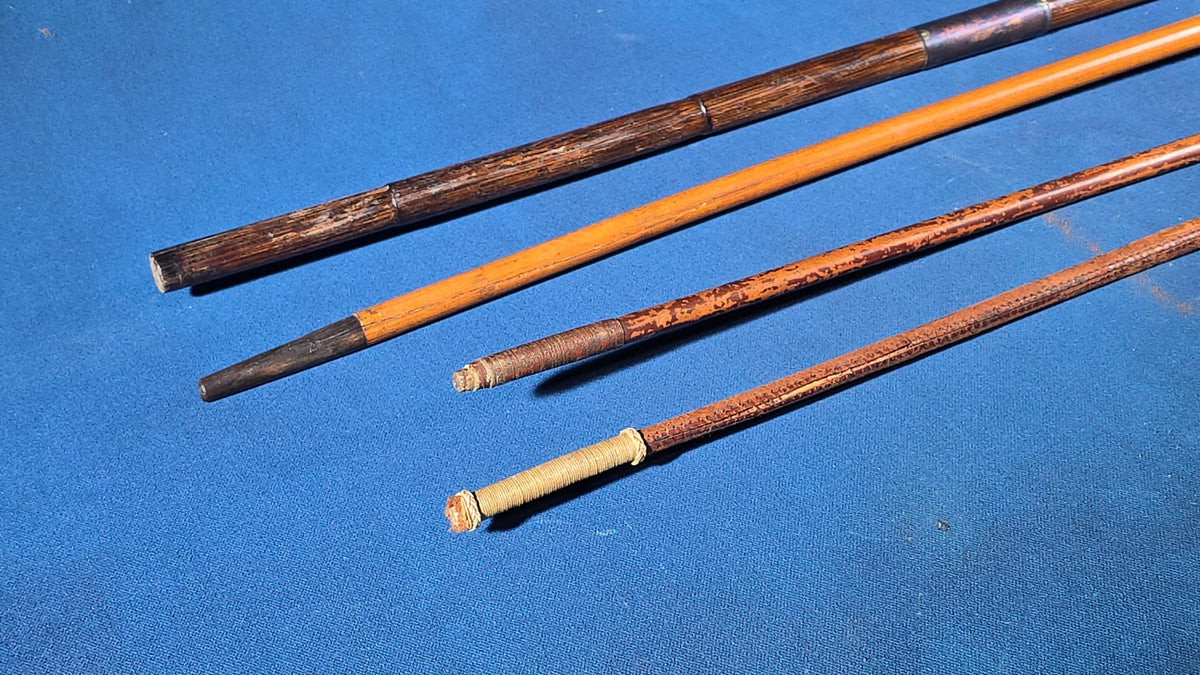Grouping of Four Antique Walking Canes and Riding Crops including Bone-Handled, Horn-Handled, and Leather-Wrapped Examples