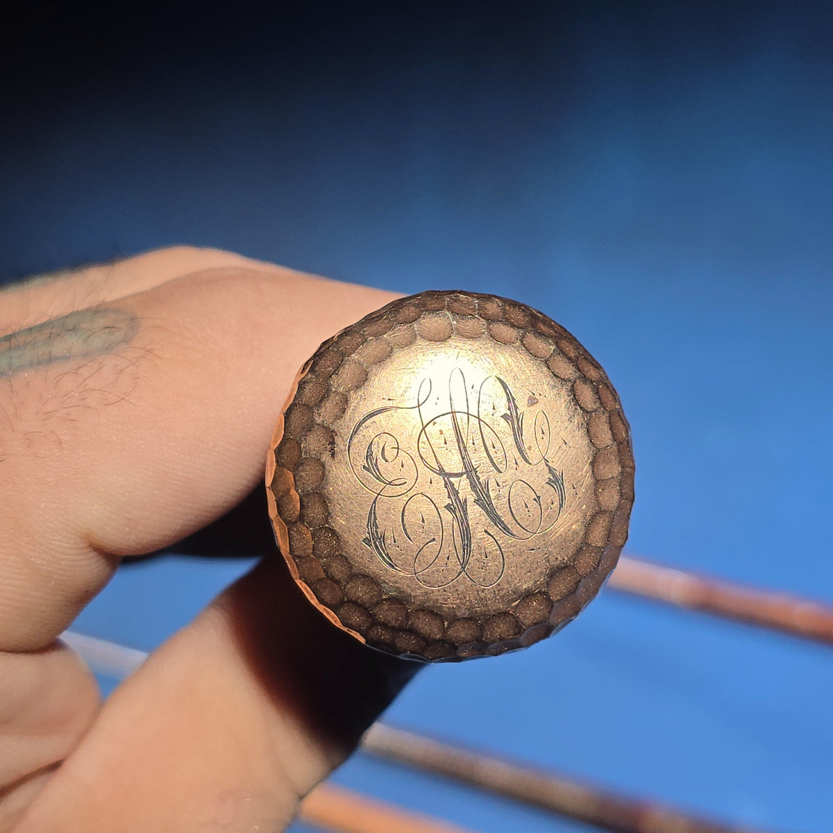 Grouping of Four Antique Walking Canes including Bamboo Cane with Hammered Metal Knob Handle and Engraved Monogram, Burl Wood Cane, and Leather-Wrapped Cane