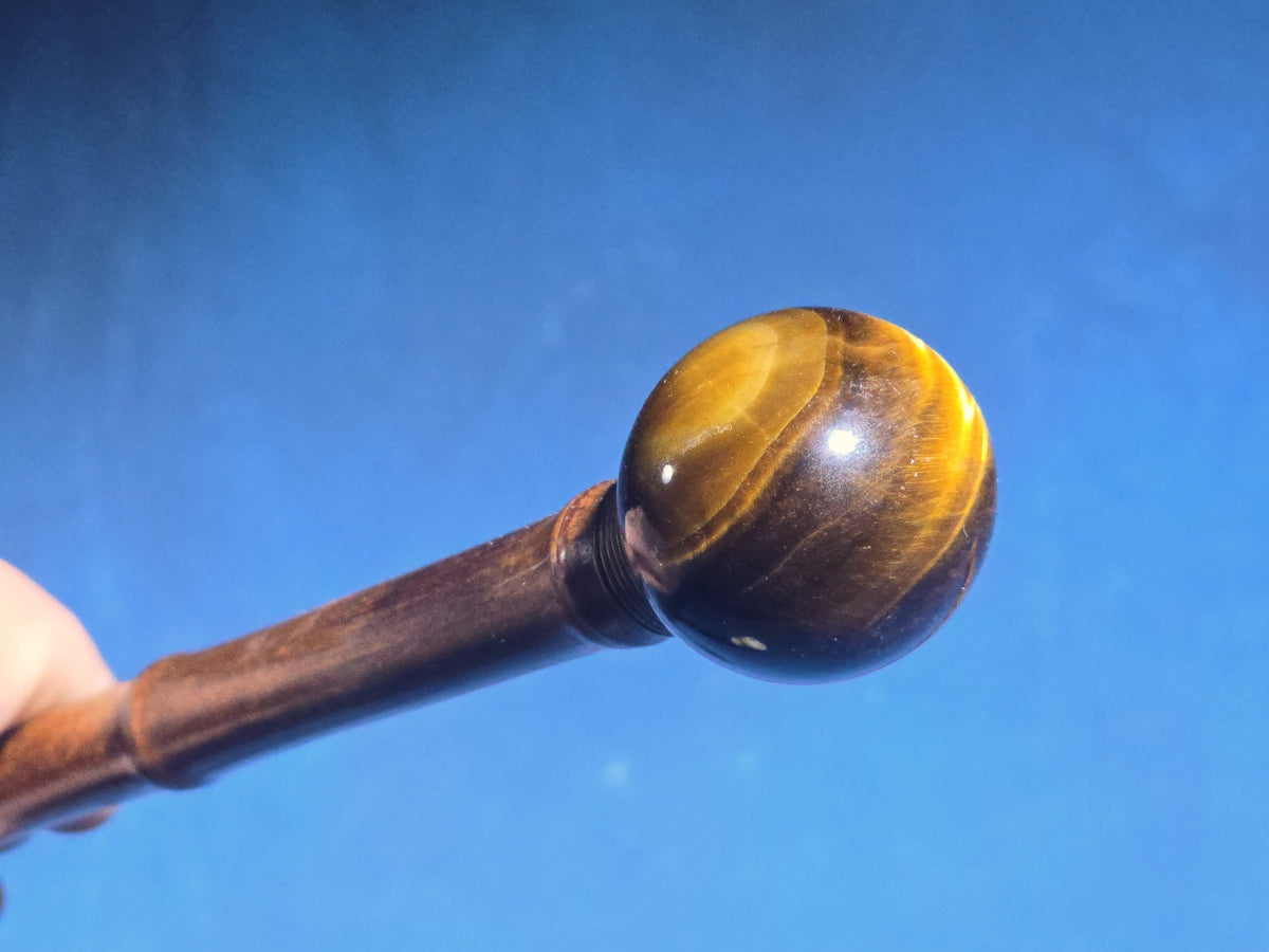 Trio of Antique Walking Canes including Carved Twisted Wood, Bamboo with Tiger's Eye Ball Top, and Ivory-Topped Ebony
