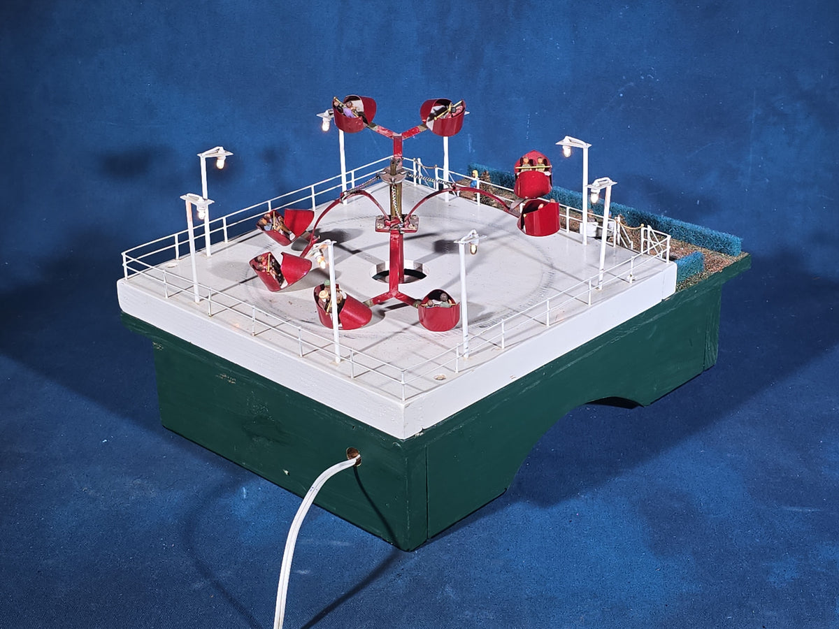 Vintage Handmade Motorized Tabletop Carnival Scrambler Ride Model with Lights and Figures