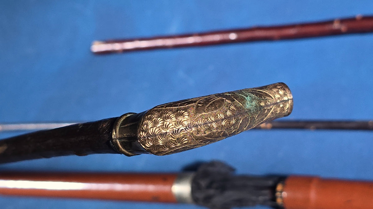 Grouping of Four Antique Walking Canes and Parasol Cane with Metal Handles