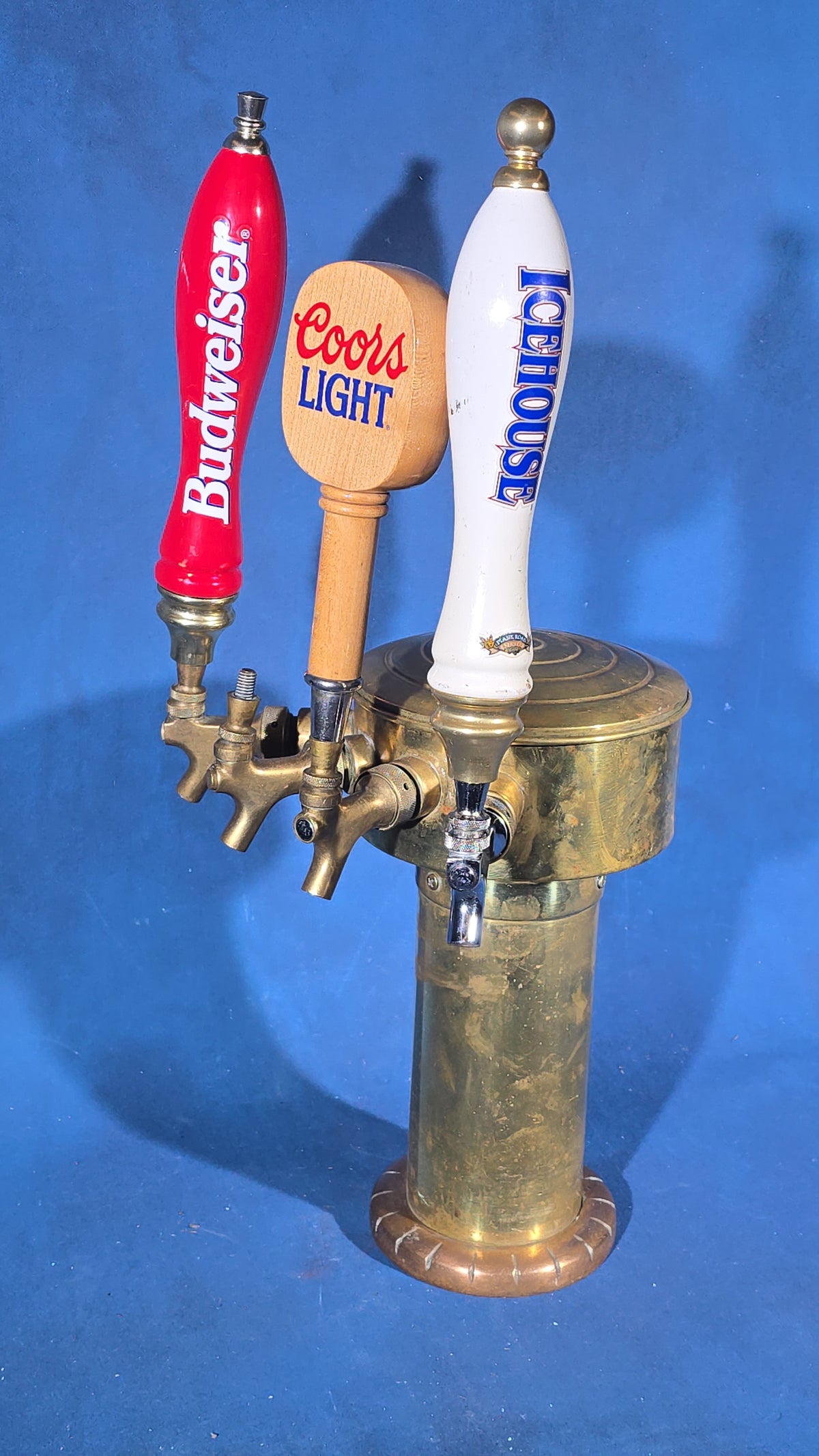 Vintage Brass Three-Tap Draft Beer Tower with Budweiser, Coors Light, and Icehouse Tap Handles
