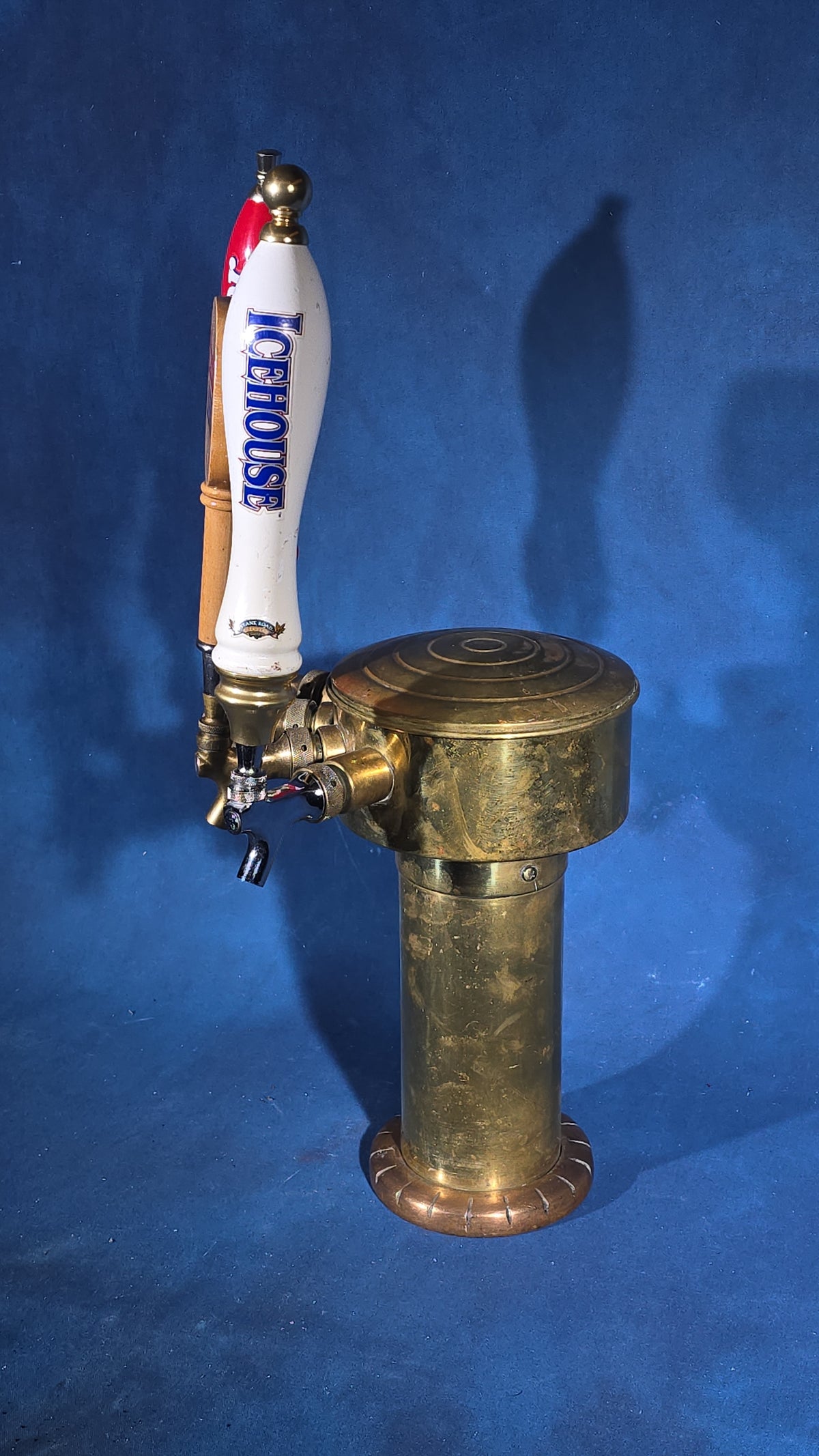 Vintage Brass Three-Tap Draft Beer Tower with Budweiser, Coors Light, and Icehouse Tap Handles