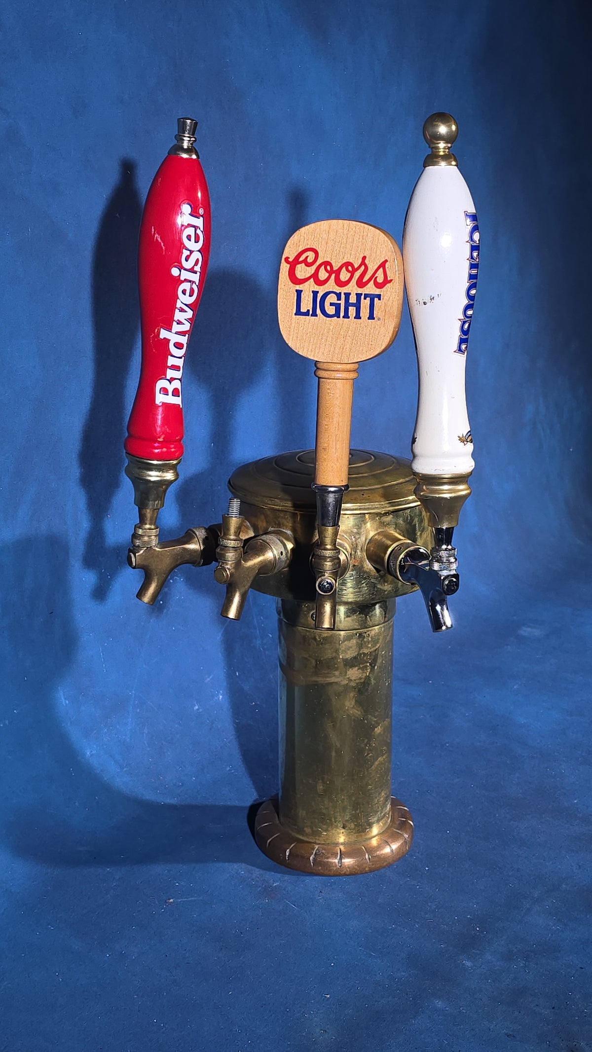 Vintage Brass Three-Tap Draft Beer Tower with Budweiser, Coors Light, and Icehouse Tap Handles