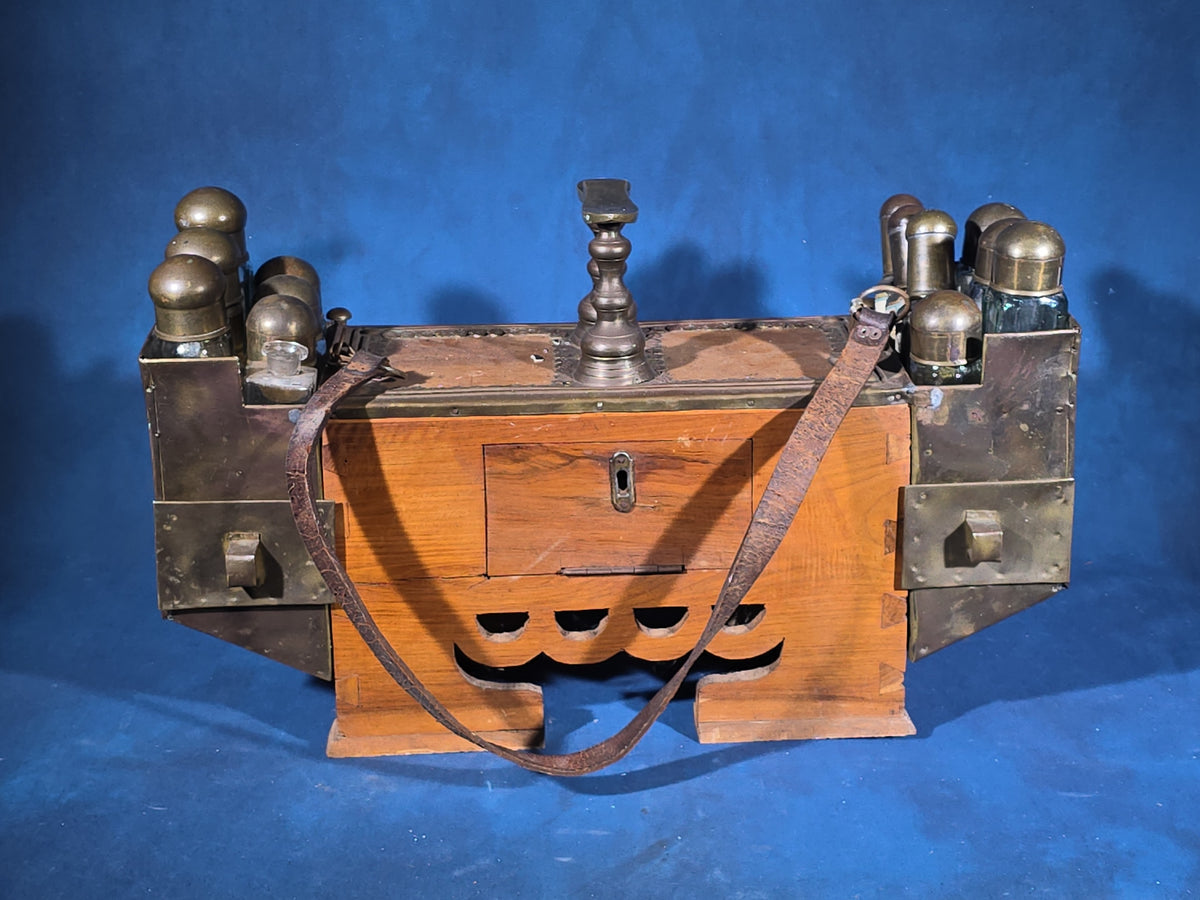 Antique Brass and Wood Shoe Shine Kit with Glass Bottles, Drawers, and Leather Carry Strap