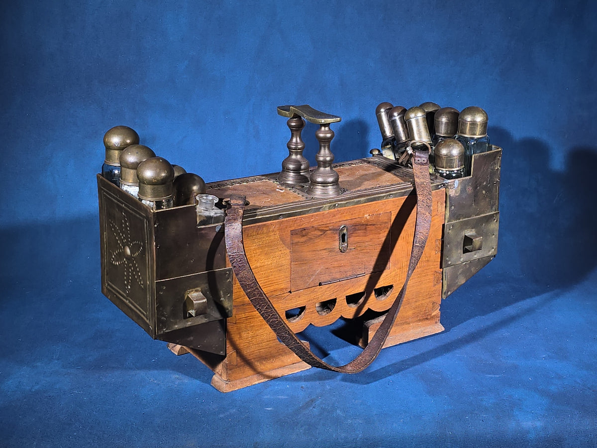 Antique Brass and Wood Shoe Shine Kit with Glass Bottles, Drawers, and Leather Carry Strap