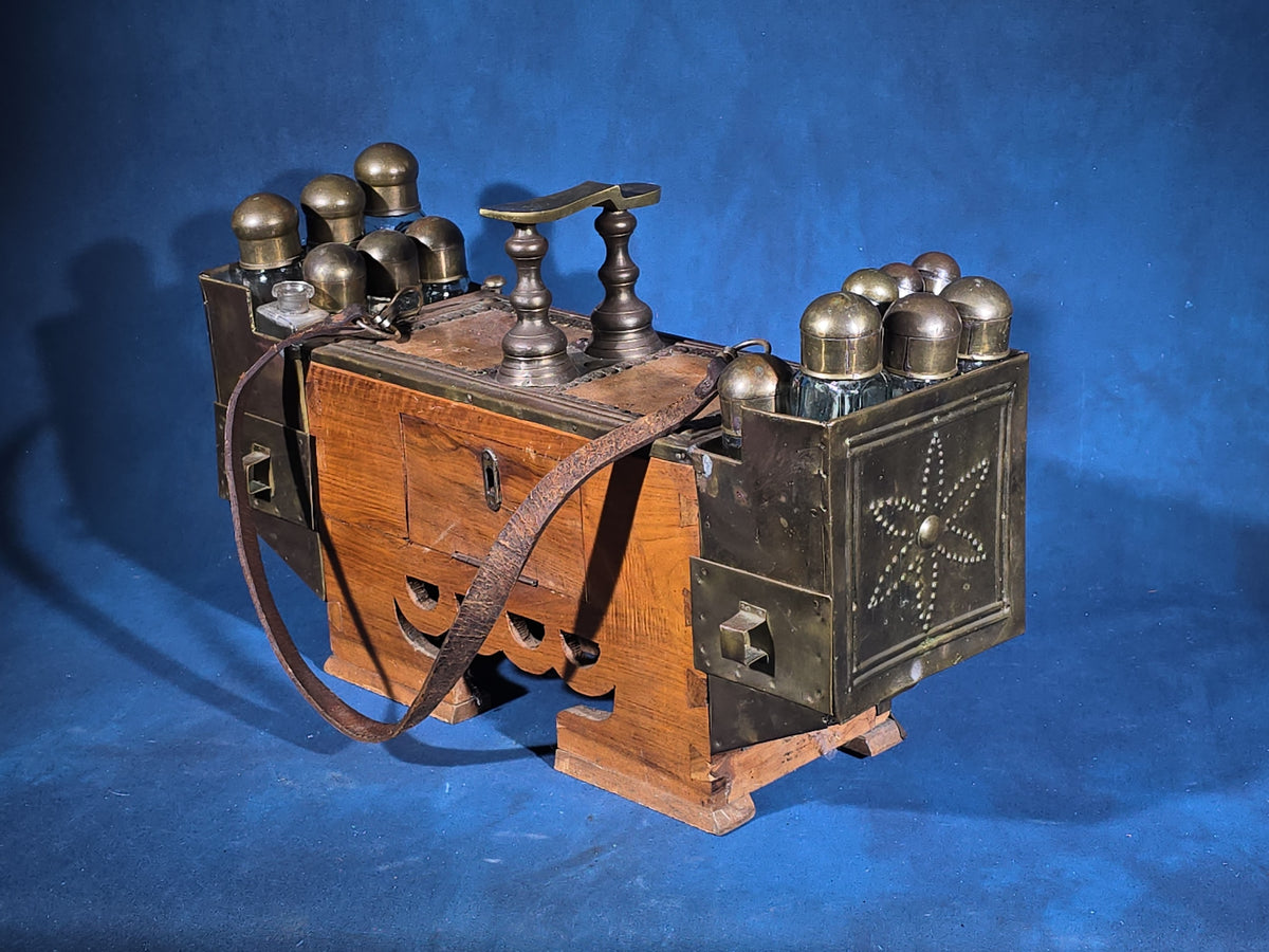 Antique Brass and Wood Shoe Shine Kit with Glass Bottles, Drawers, and Leather Carry Strap