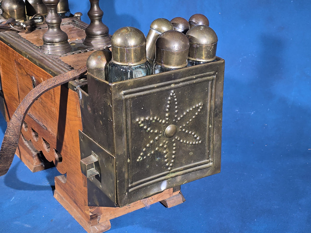 Antique Brass and Wood Shoe Shine Kit with Glass Bottles, Drawers, and Leather Carry Strap