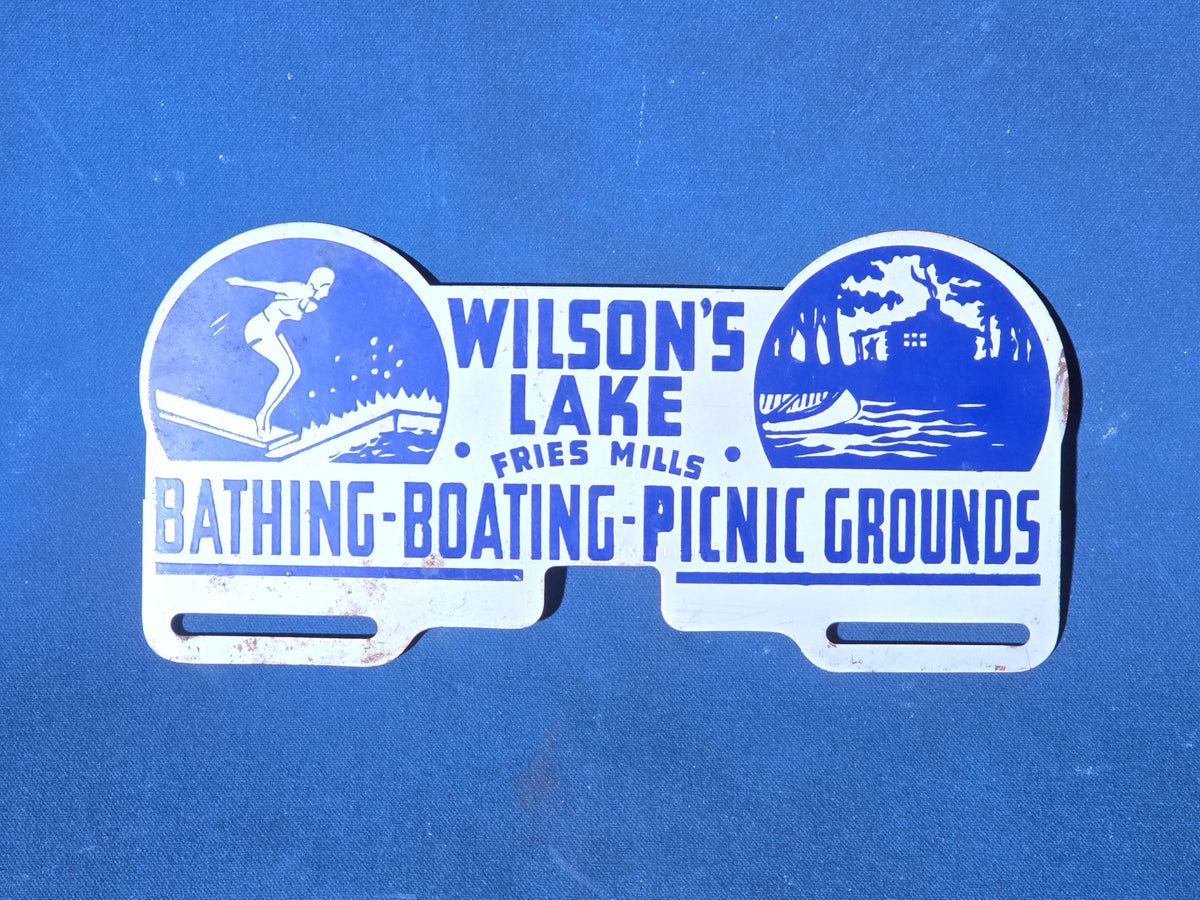 Vintage Wilson's Lake Fries Mills Bathing - Boating - Picnic Grounds Advertising License Plate Topper