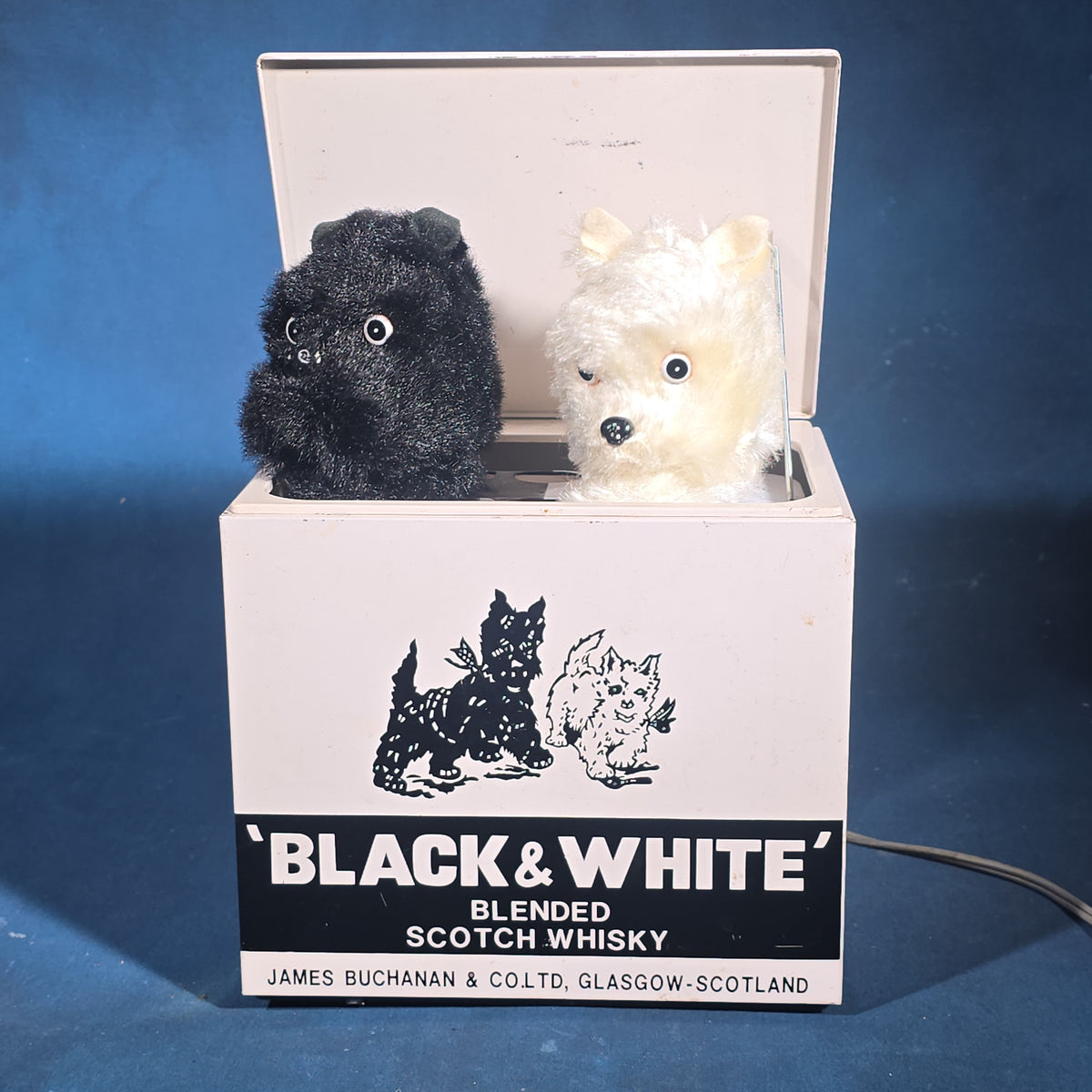 Vintage Black & White Blended Scotch Whisky Electric Bar Back Advertising Display with Scotty and Westie Dogs, James Buchanan & Co. Ltd., Glasgow, Scotland