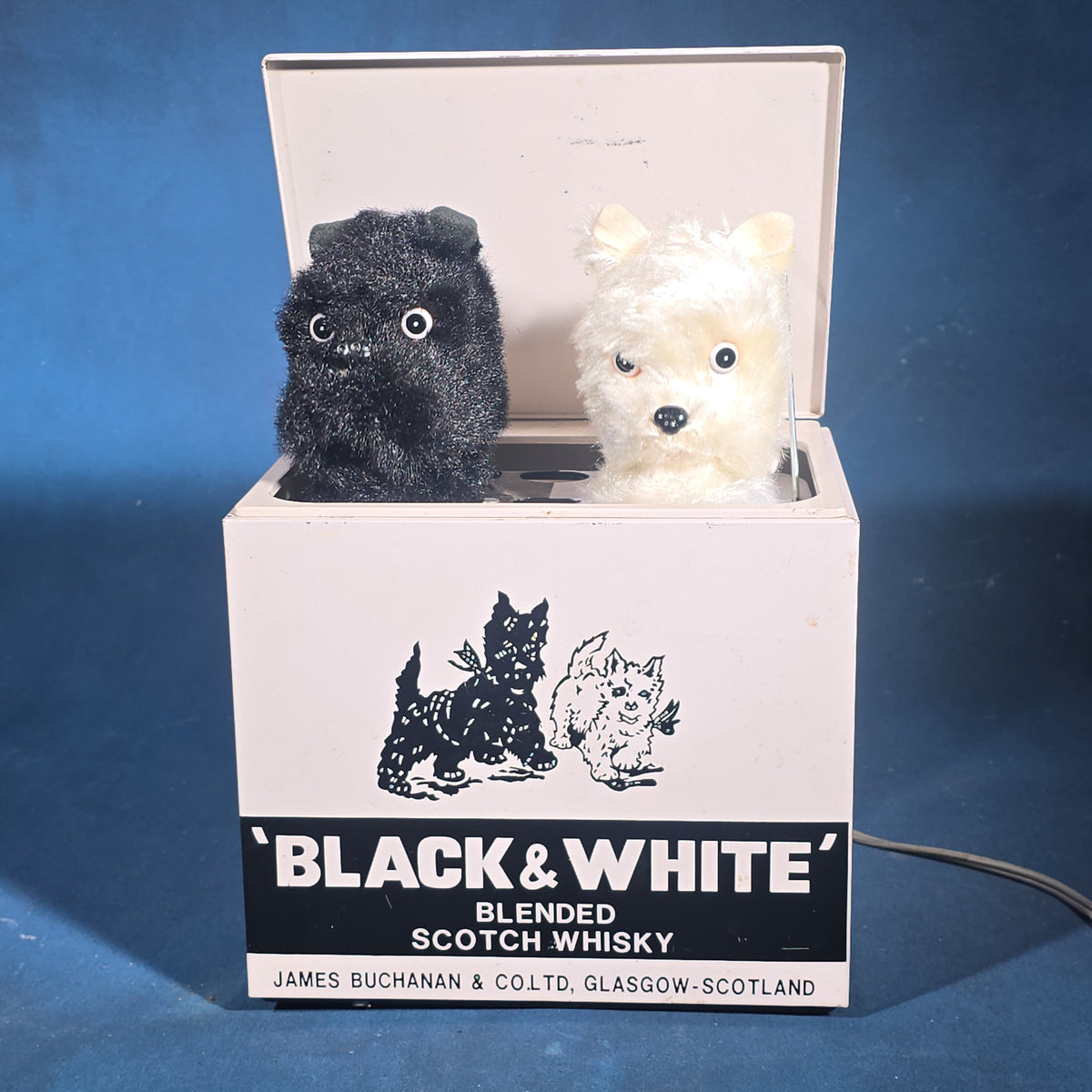 Vintage Black & White Blended Scotch Whisky Electric Bar Back Advertising Display with Scotty and Westie Dogs, James Buchanan & Co. Ltd., Glasgow, Scotland