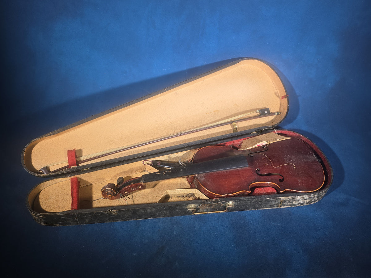 Antique Replica Violin Labeled "Antonius Stradivarius Cremonensis Faciebat Anno 1736" with Bow in Wooden Case, for Parts or Repair