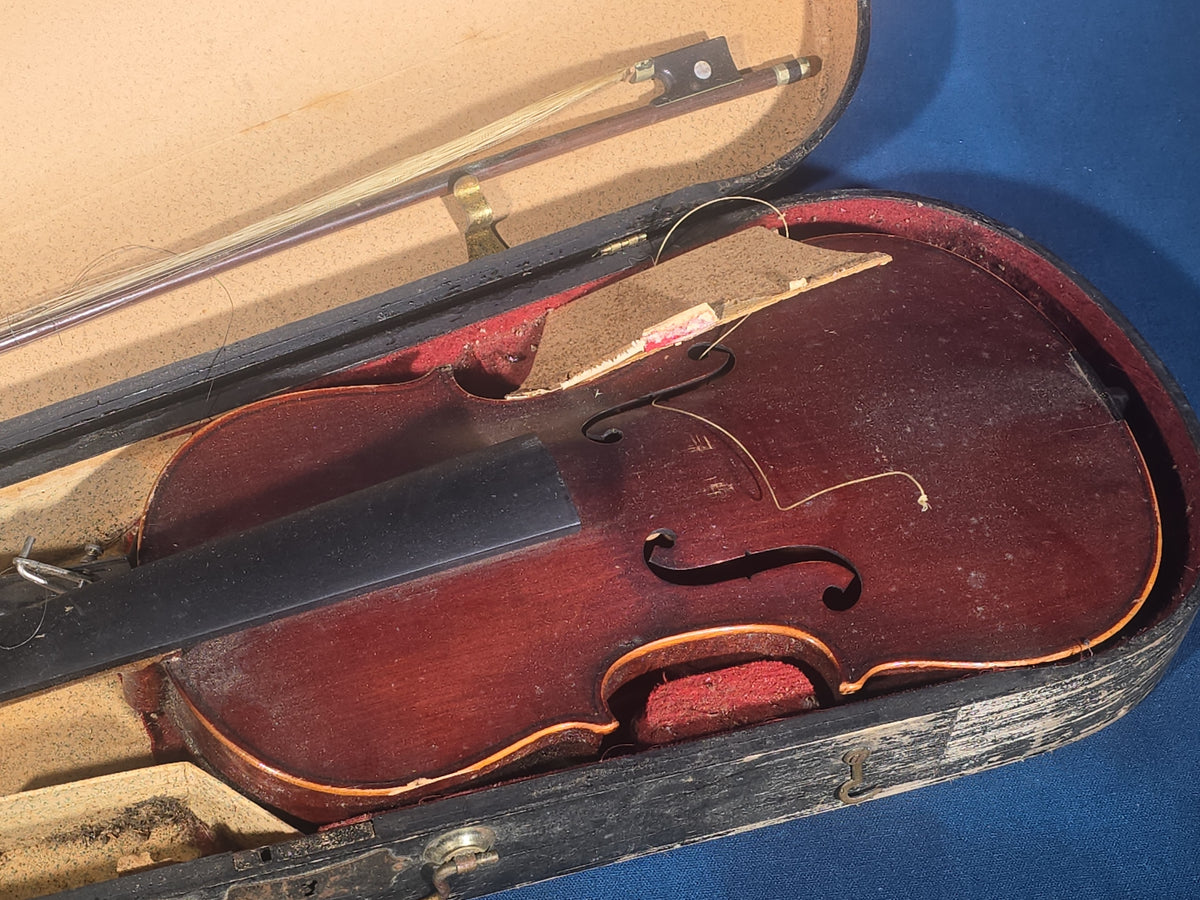 Antique Replica Violin Labeled "Antonius Stradivarius Cremonensis Faciebat Anno 1736" with Bow in Wooden Case, for Parts or Repair