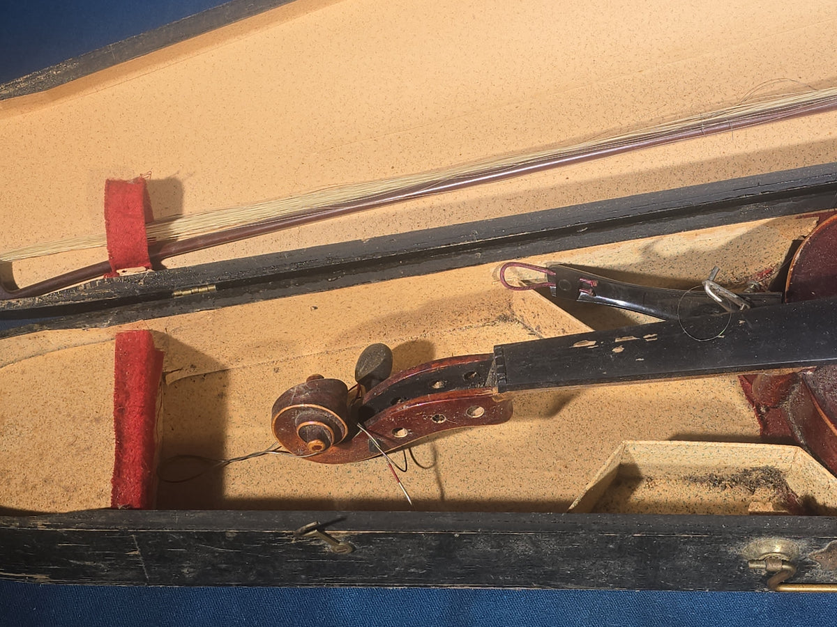 Antique Replica Violin Labeled "Antonius Stradivarius Cremonensis Faciebat Anno 1736" with Bow in Wooden Case, for Parts or Repair