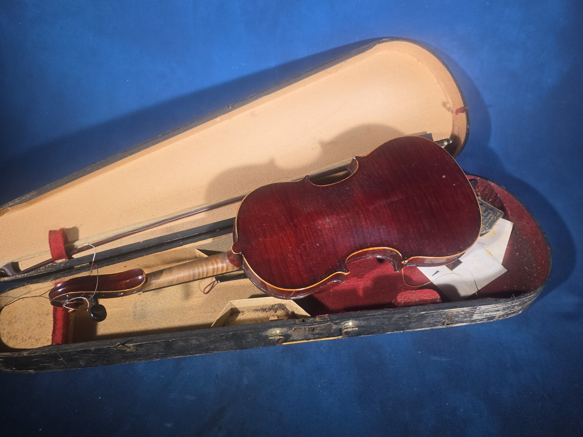 Antique Replica Violin Labeled "Antonius Stradivarius Cremonensis Faciebat Anno 1736" with Bow in Wooden Case, for Parts or Repair