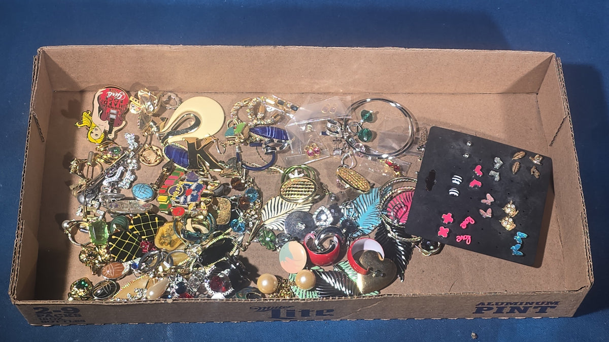 Vintage and Modern Costume Jewelry Tray Lot with Brooches, Earrings, Pins, and Bracelets