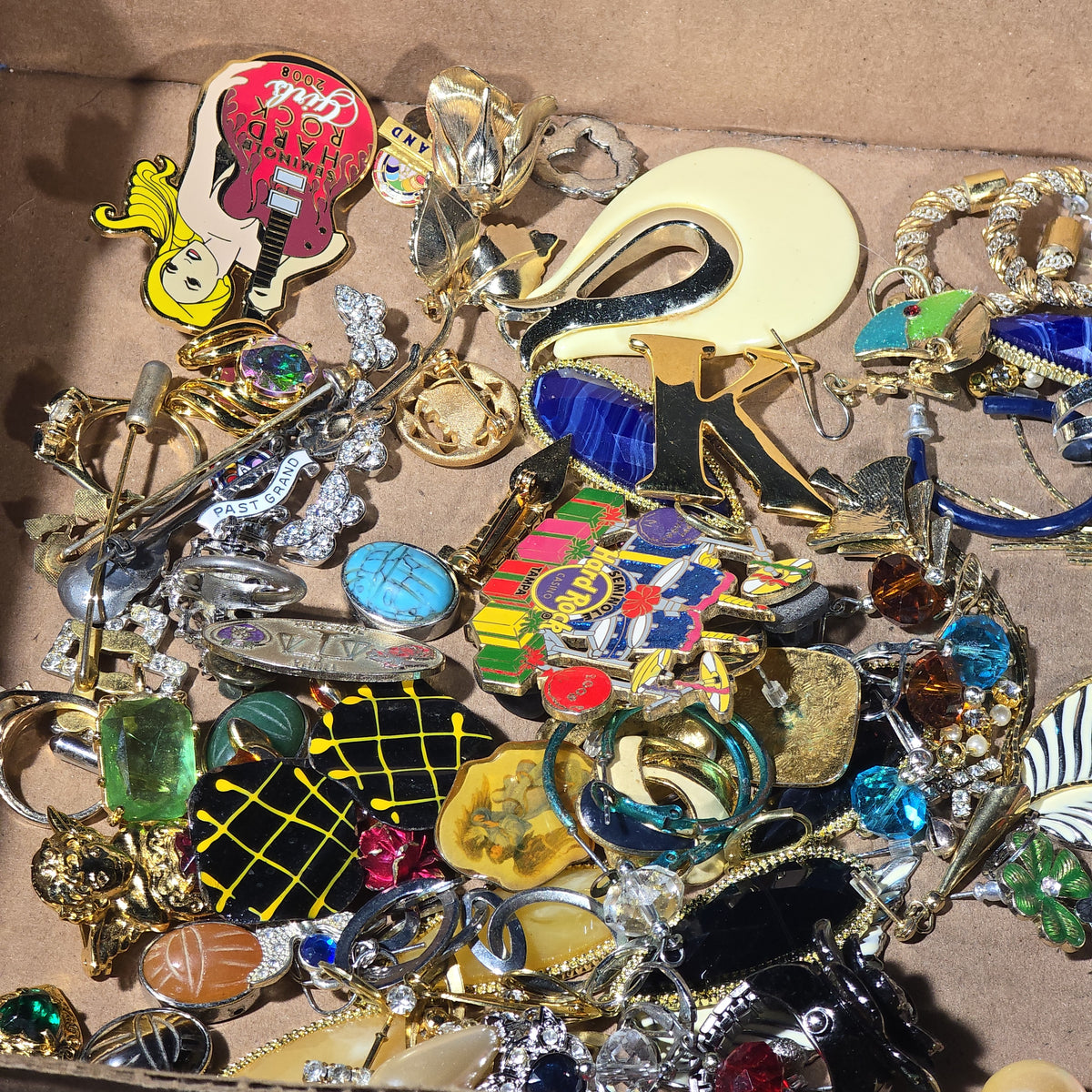 Vintage and Modern Costume Jewelry Tray Lot with Brooches, Earrings, Pins, and Bracelets