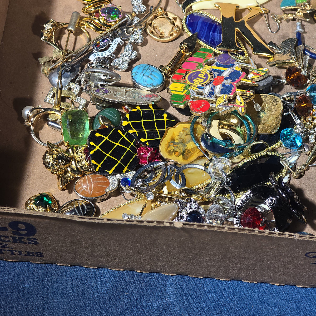 Vintage and Modern Costume Jewelry Tray Lot with Brooches, Earrings, Pins, and Bracelets