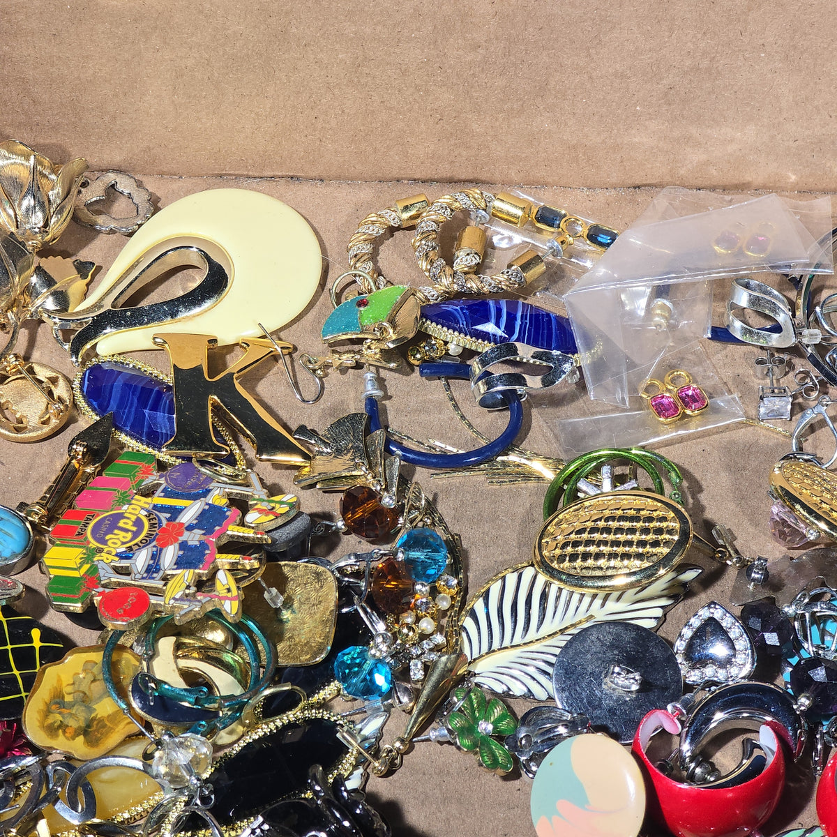 Vintage and Modern Costume Jewelry Tray Lot with Brooches, Earrings, Pins, and Bracelets