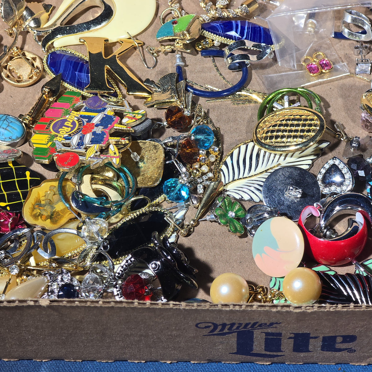 Vintage and Modern Costume Jewelry Tray Lot with Brooches, Earrings, Pins, and Bracelets