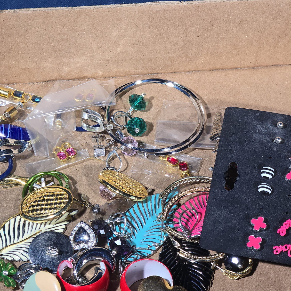 Vintage and Modern Costume Jewelry Tray Lot with Brooches, Earrings, Pins, and Bracelets