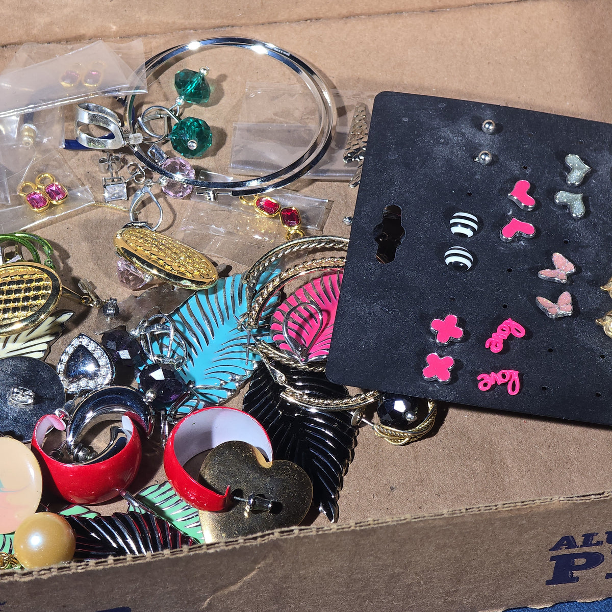 Vintage and Modern Costume Jewelry Tray Lot with Brooches, Earrings, Pins, and Bracelets