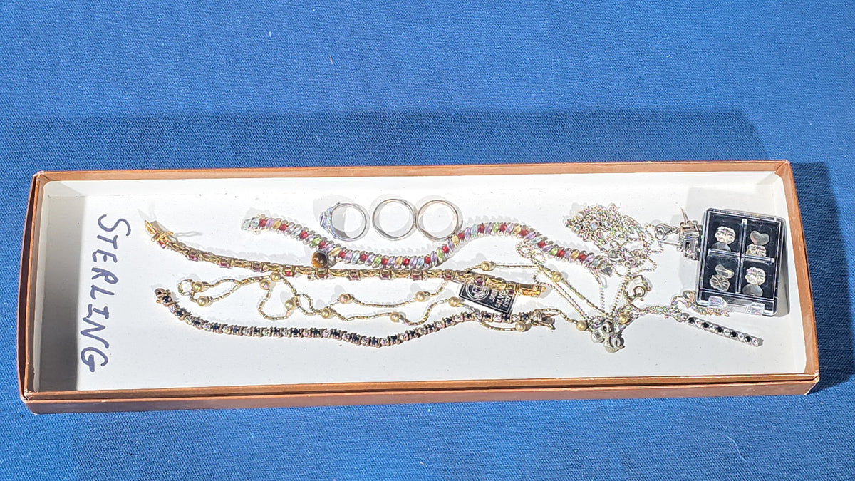 Vintage Sterling Silver Jewelry Tray Lot with Bracelets, Necklaces, Rings, and Earrings