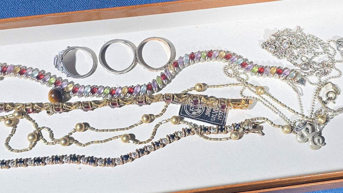Vintage Sterling Silver Jewelry Tray Lot with Bracelets, Necklaces, Rings, and Earrings