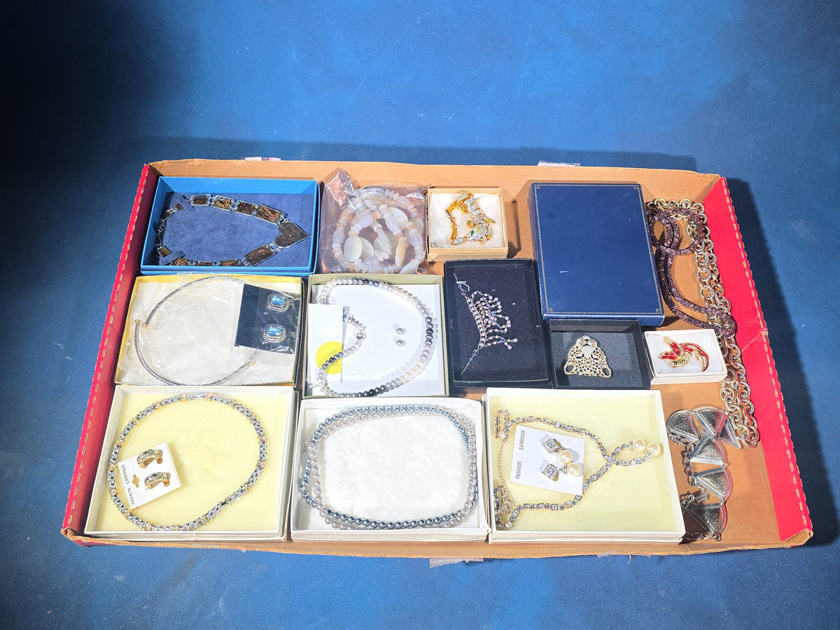 Vintage Costume Jewelry Tray Lot with Pearl Necklaces, Rhinestone Sets, Brooches, and Bracelets