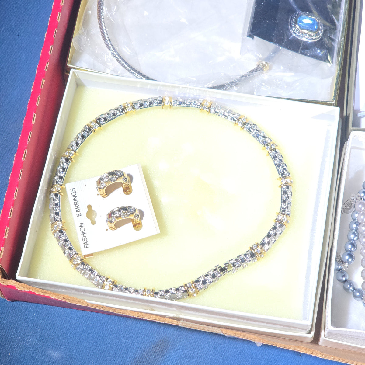 Vintage Costume Jewelry Tray Lot with Pearl Necklaces, Rhinestone Sets, Brooches, and Bracelets