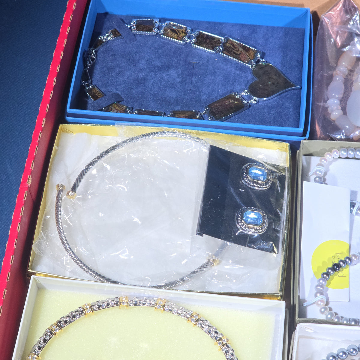 Vintage Costume Jewelry Tray Lot with Pearl Necklaces, Rhinestone Sets, Brooches, and Bracelets