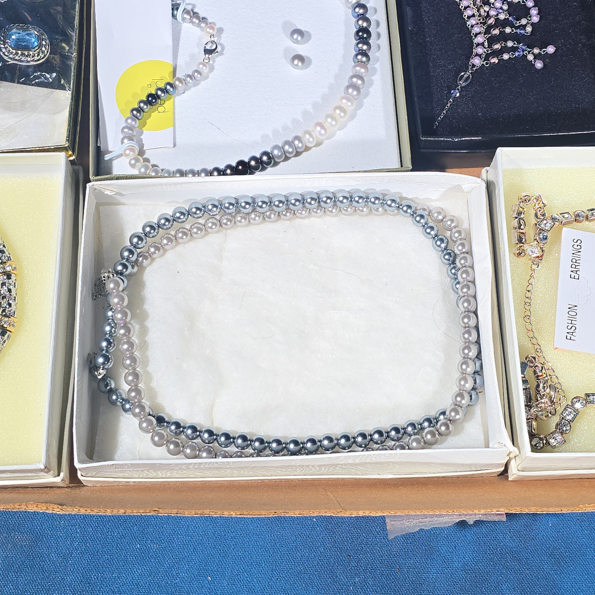 Vintage Costume Jewelry Tray Lot with Pearl Necklaces, Rhinestone Sets, Brooches, and Bracelets