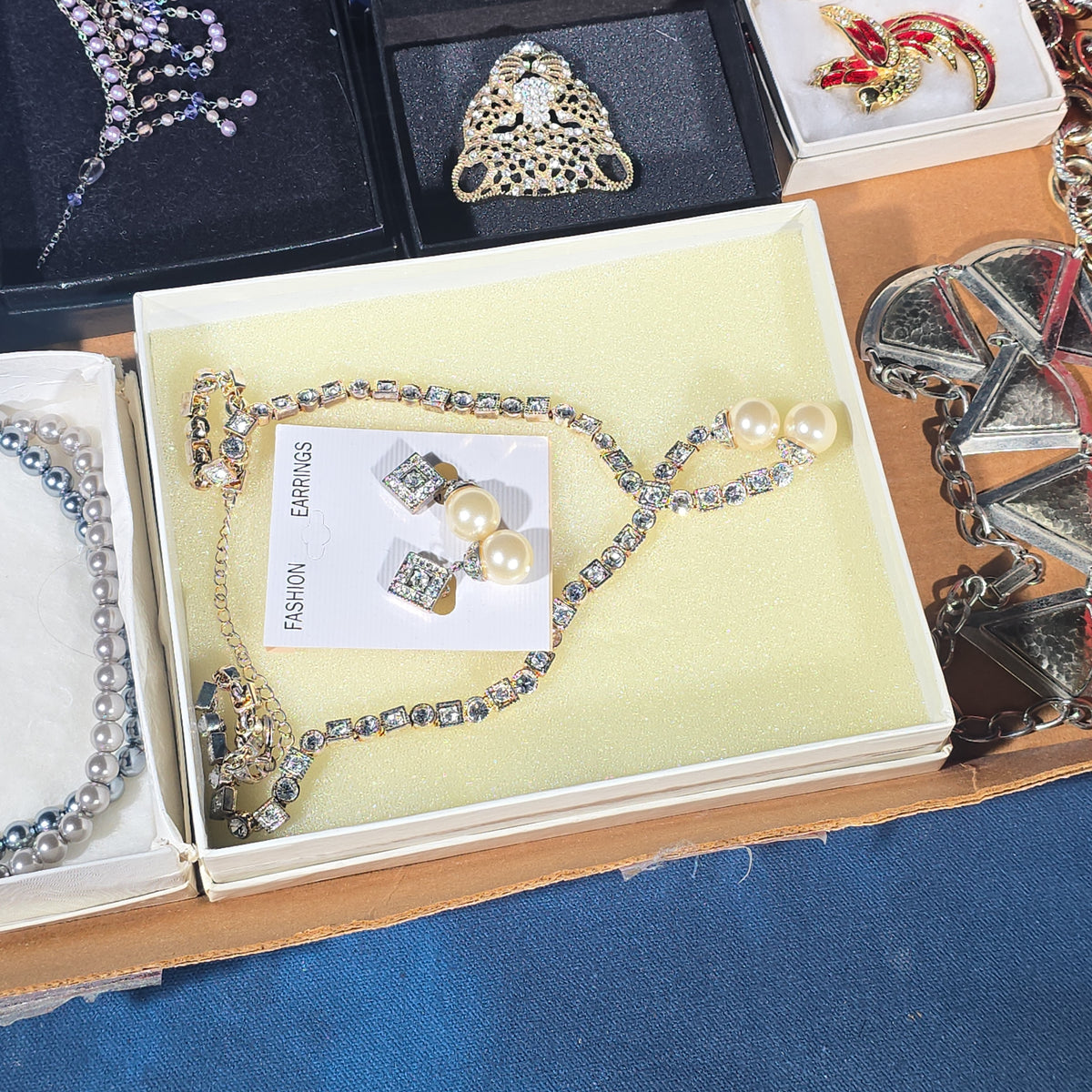 Vintage Costume Jewelry Tray Lot with Pearl Necklaces, Rhinestone Sets, Brooches, and Bracelets