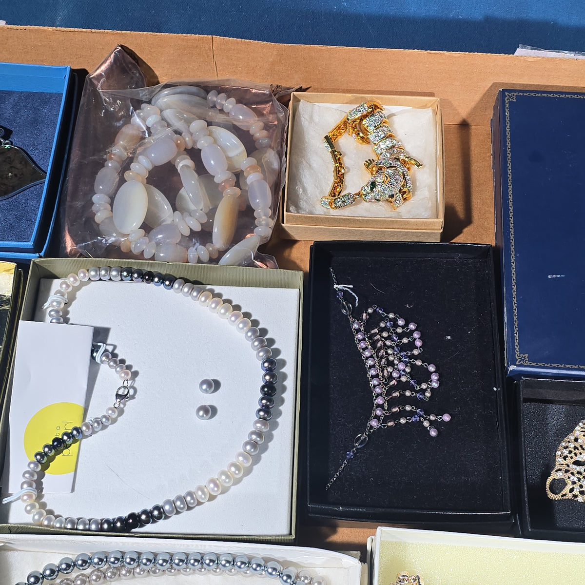 Vintage Costume Jewelry Tray Lot with Pearl Necklaces, Rhinestone Sets, Brooches, and Bracelets